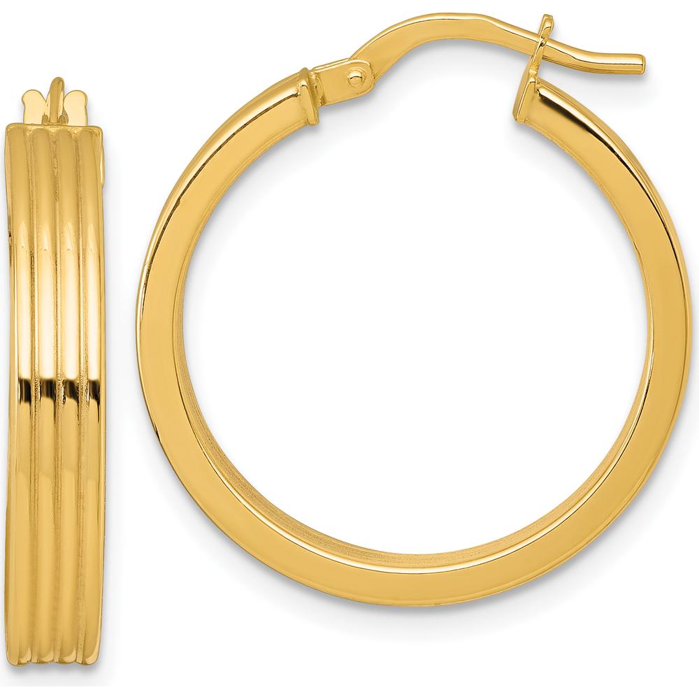 10K Yellow Gold Polished and Grooved 24mm Tube Hoop Earrings