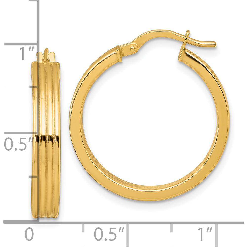 10K Yellow Gold Polished and Grooved 24mm Tube Hoop Earrings