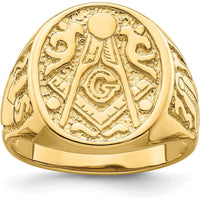 10K Yellow Gold Polished and Grooved Men's Masonic Ring - 18.9mm Top Width
