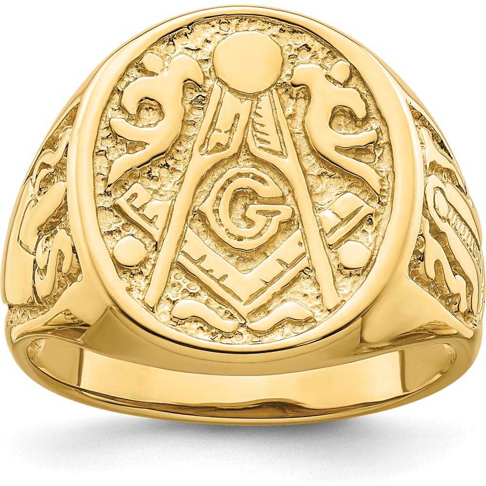 10K Yellow Gold Polished and Grooved Men's Masonic Ring - 18.9mm Top Width