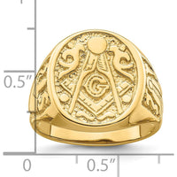 10K Yellow Gold Polished and Grooved Men's Masonic Ring - 18.9mm Top Width