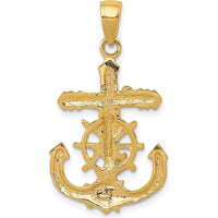 10K Yellow Gold Polished & Textured 2D Mariners Crucifix Anchor Pendant - 32.52mm Length