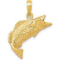 10K Yellow Gold Polished & Textured Bass Fish Pendant Charm - Solid Gold