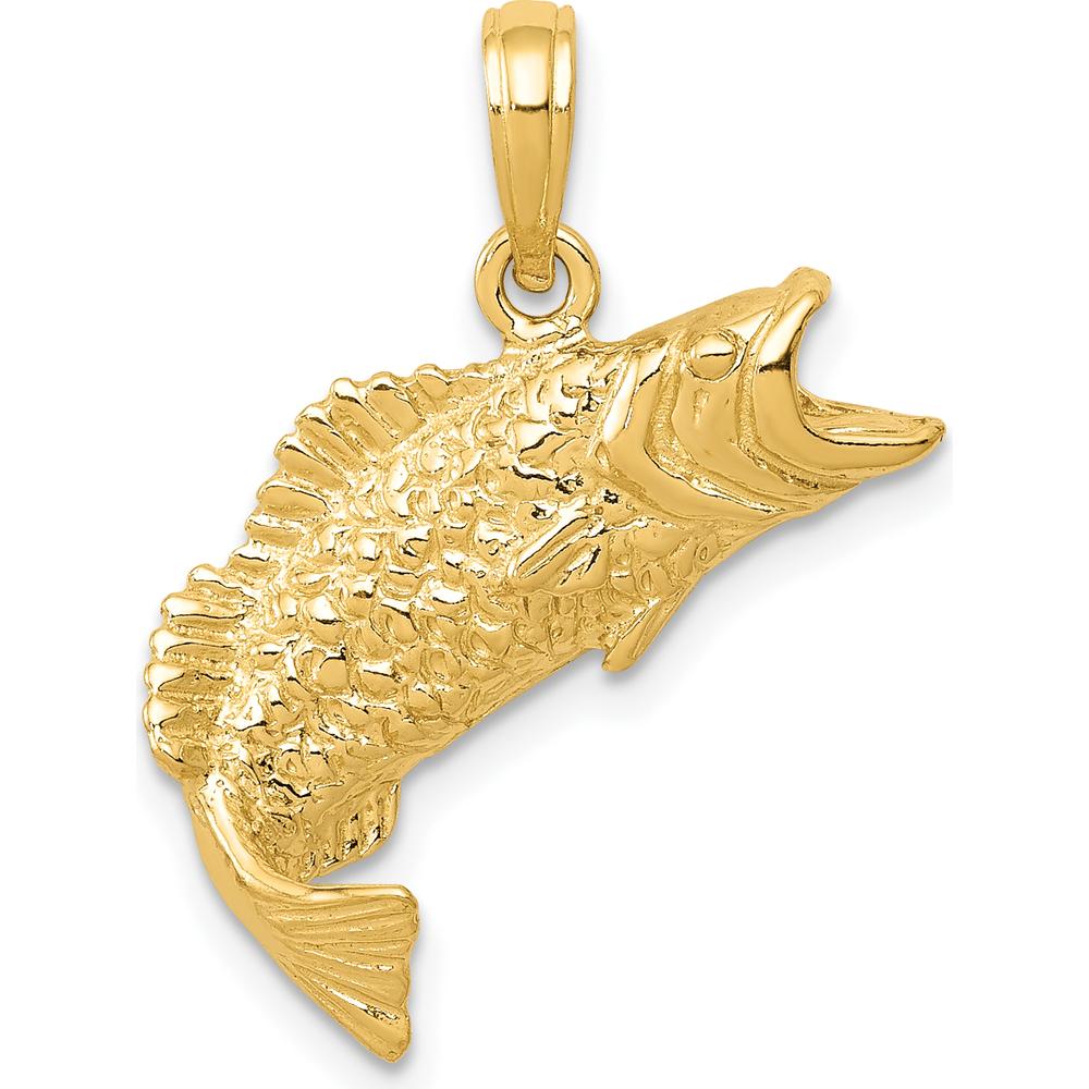 10K Yellow Gold Polished & Textured Bass Fish Pendant Charm - Solid Gold