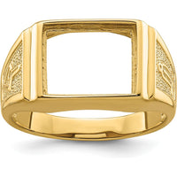 10K Yellow Gold Polished and Textured Masonic Ring Mounting for Custom Stone, 12x10mm Rectangle Setting