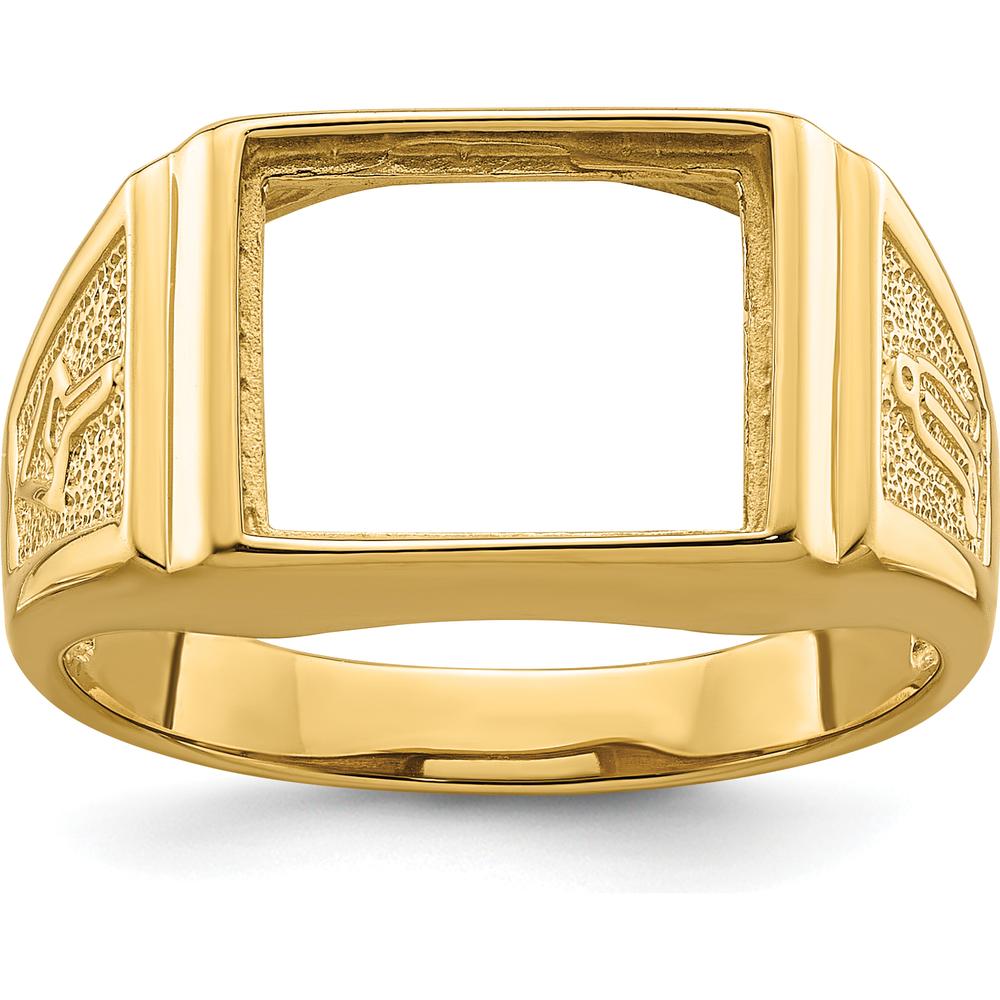 10K Yellow Gold Polished and Textured Masonic Ring Mounting for Custom Stone, 12x10mm Rectangle Setting