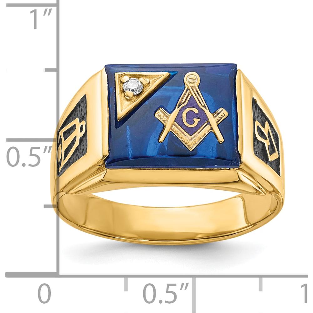 10K Yellow Gold Polished and Textured Masonic Ring with Imitation Blue Spinel and Diamond - 0.012 Carat Total Diamond Weight