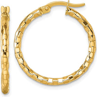 10K Yellow Gold Polished and Textured Tube Hoop Earrings - 25mm Length