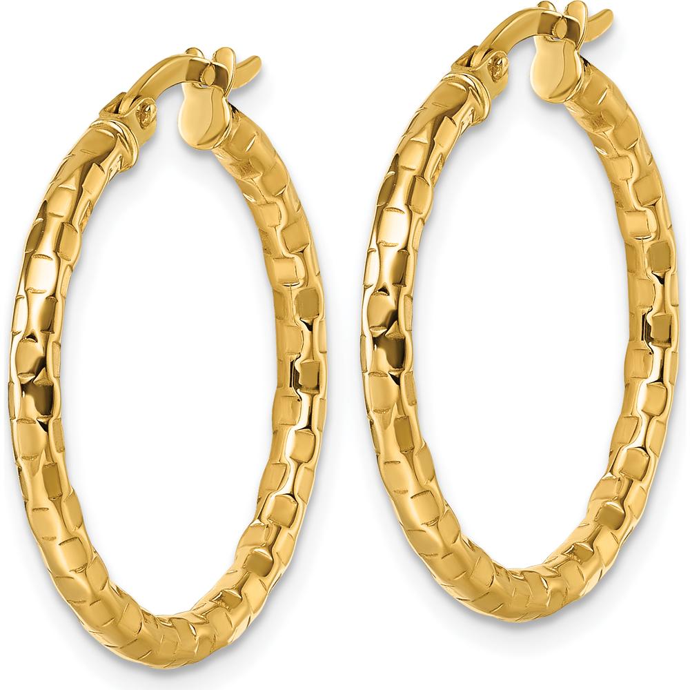 10K Yellow Gold Polished and Textured Tube Hoop Earrings - 25mm Length