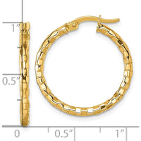 10K Yellow Gold Polished and Textured Tube Hoop Earrings - 25mm Length