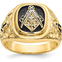 10K Yellow Gold Polished, Antiqued and Nugget Texture Masonic Ring with 4 Round Diamonds - 0.013 Carat Total Diamond Weight