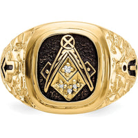 10K Yellow Gold Polished, Antiqued and Nugget Texture Masonic Ring with 4 Round Diamonds - 0.013 Carat Total Diamond Weight