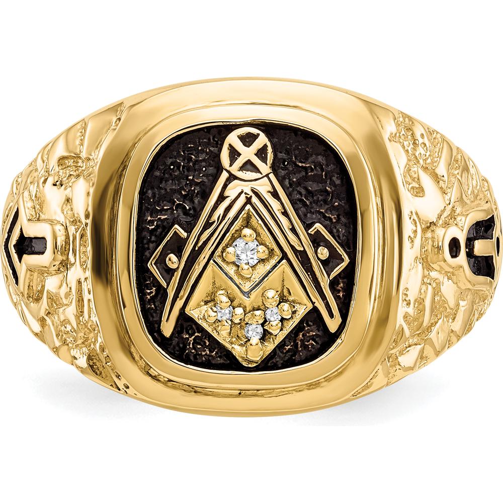 10K Yellow Gold Polished, Antiqued and Nugget Texture Masonic Ring with 4 Round Diamonds - 0.013 Carat Total Diamond Weight