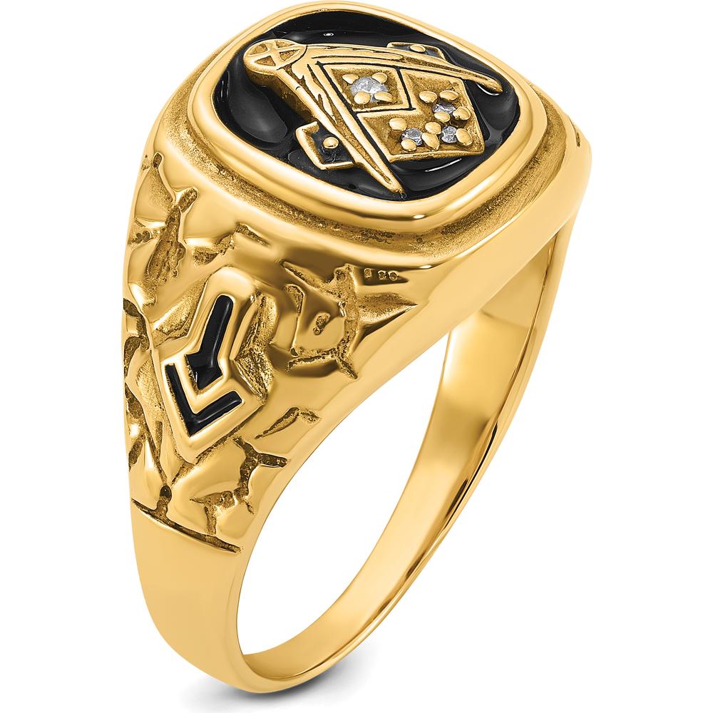 10K Yellow Gold Polished, Antiqued and Nugget Texture Masonic Ring with 4 Round Diamonds - 0.013 Carat Total Diamond Weight
