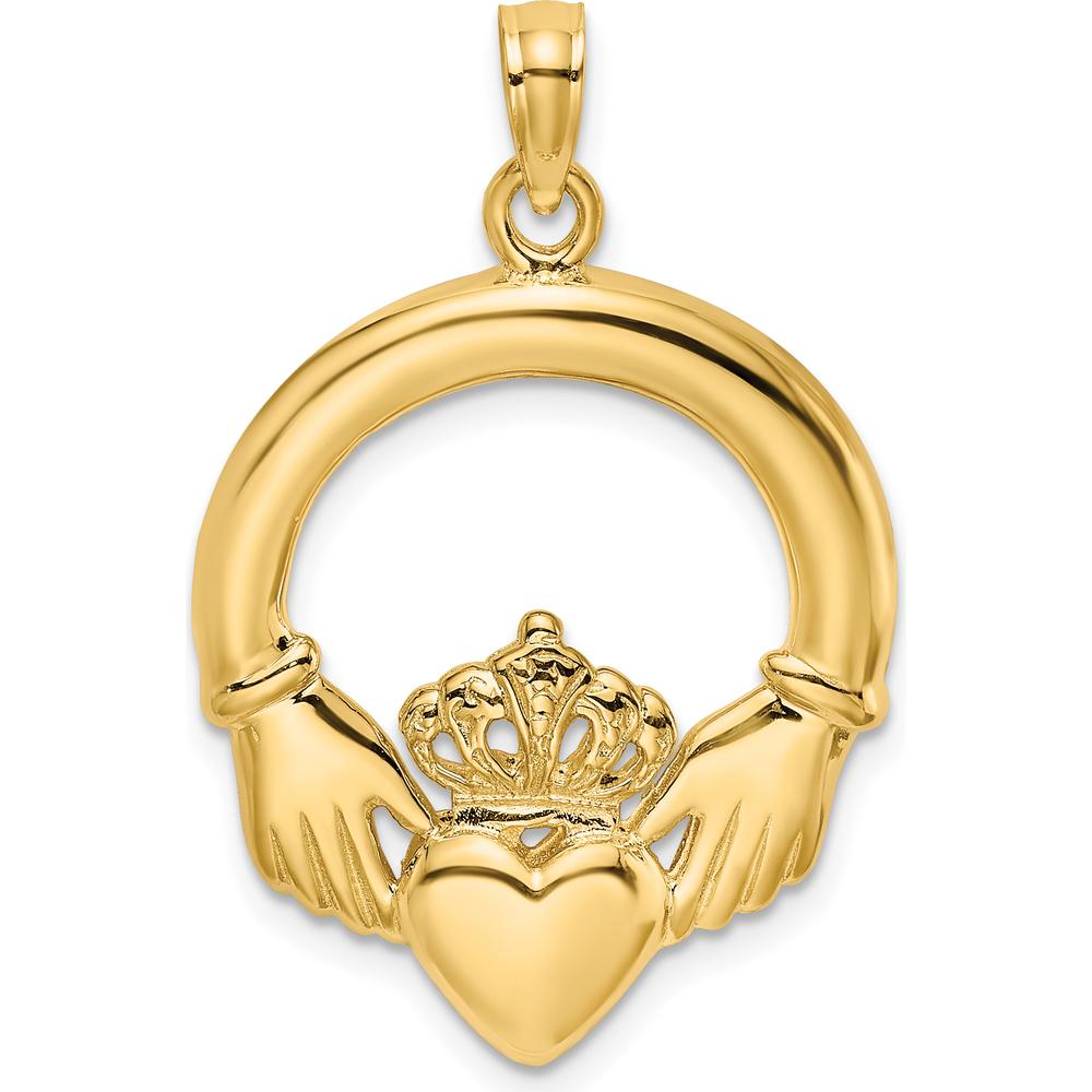 10K Yellow Gold Polished Claddagh Heart Charm Pendant with Crown Design - 29.2mm Length