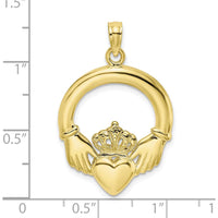 10K Yellow Gold Polished Claddagh Heart Charm Pendant with Crown Design - 29.2mm Length