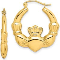 10K Yellow Gold Polished Claddagh Hoop Earrings - Symbolic Design with Heart and Crown Motif