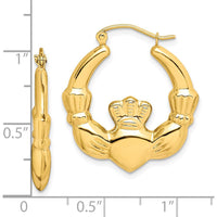 10K Yellow Gold Polished Claddagh Hoop Earrings - Symbolic Design with Heart and Crown Motif