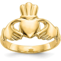 10K Yellow Gold Polished Claddagh Ring with Domed Design and Open Back