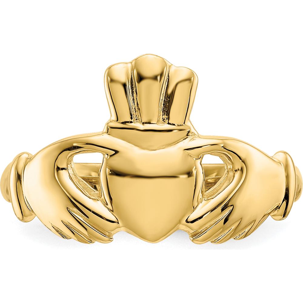 10K Yellow Gold Polished Claddagh Ring with Domed Design and Open Back