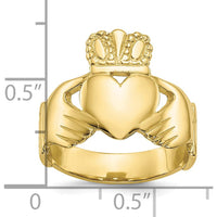 10K Yellow Gold Polished Claddagh Ring with Heart and Crown Design