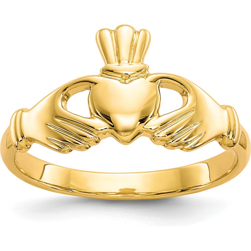 10K Yellow Gold Polished Claddagh Ring with Heart and Hands - Solid 2mm Band