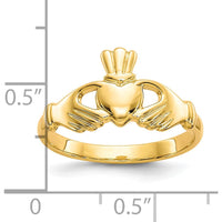 10K Yellow Gold Polished Claddagh Ring with Heart and Hands - Solid 2mm Band