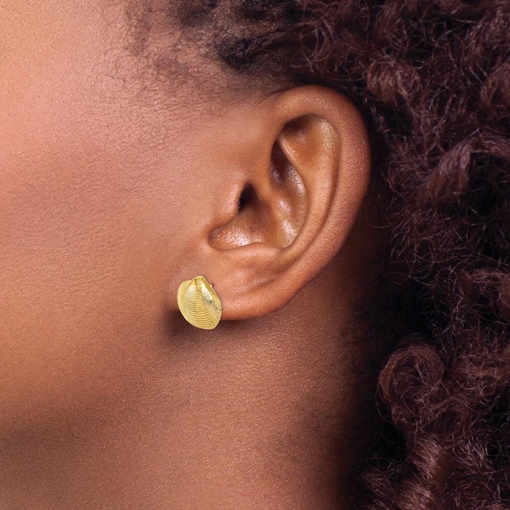10K Yellow Gold Polished Clam Shell Post Earrings - Elegant Button Design