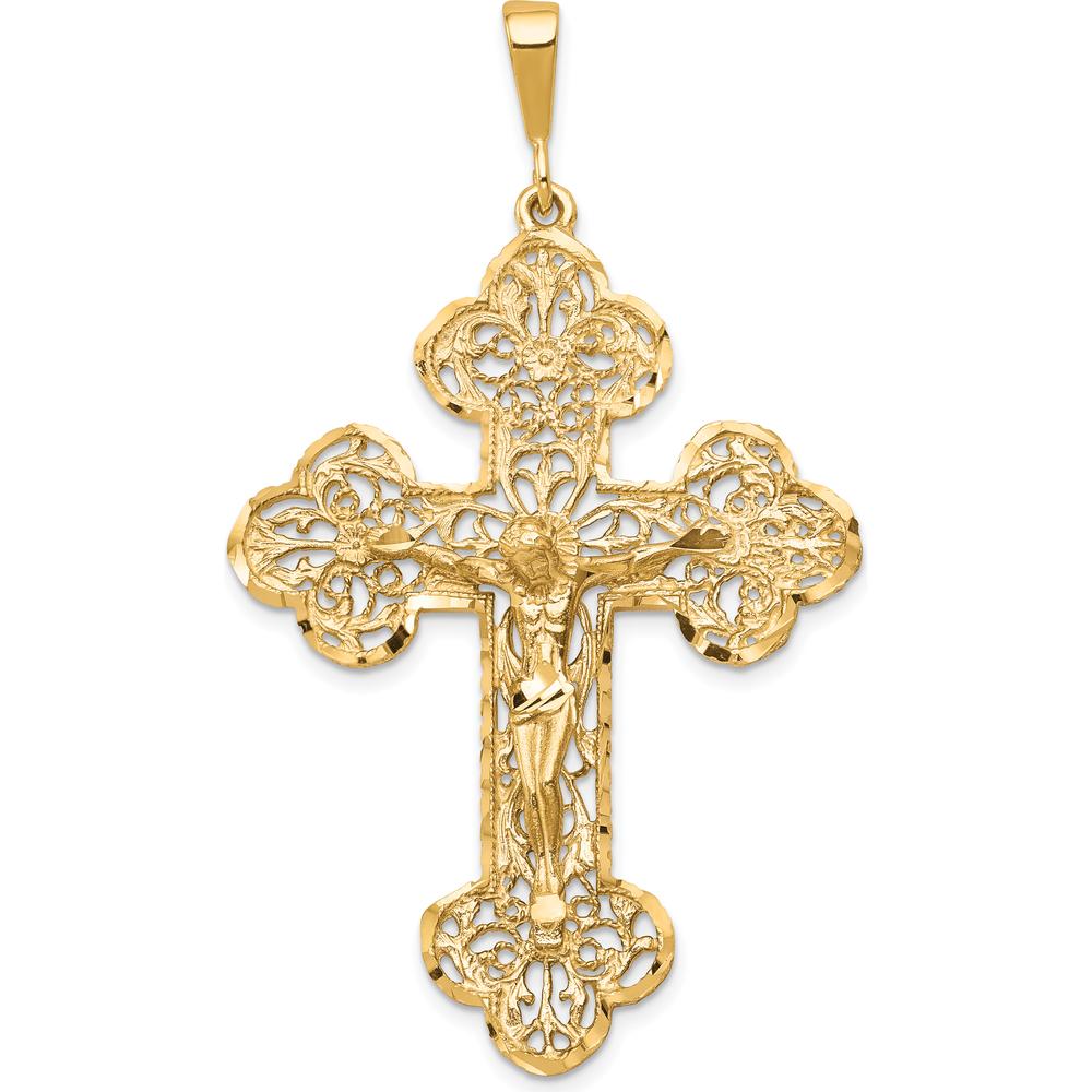 10K Yellow Gold Polished Crucifix Pendant with Intricate Detailing - 55mm Length