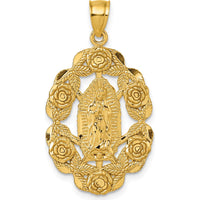 10K Yellow Gold Polished Diamond-cut Our Lady of Guadalupe with Flowers Medal Pendant - 35mm Length