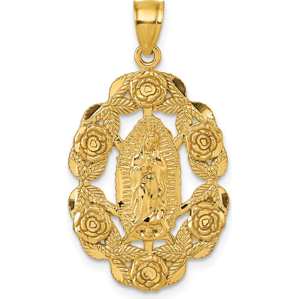 10K Yellow Gold Polished Diamond-cut Our Lady of Guadalupe with Flowers Medal Pendant - 35mm Length