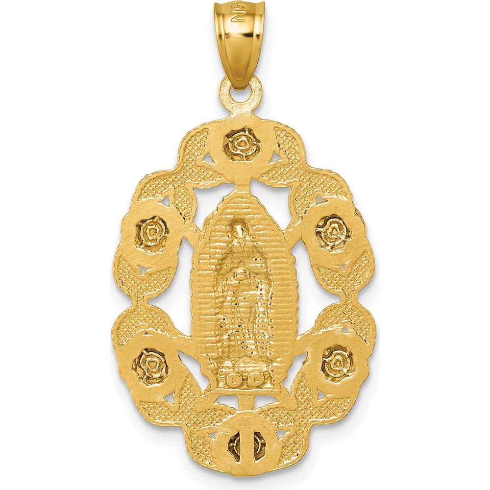 10K Yellow Gold Polished Diamond-cut Our Lady of Guadalupe with Flowers Medal Pendant - 35mm Length