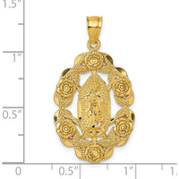 10K Yellow Gold Polished Diamond-cut Our Lady of Guadalupe with Flowers Medal Pendant - 35mm Length