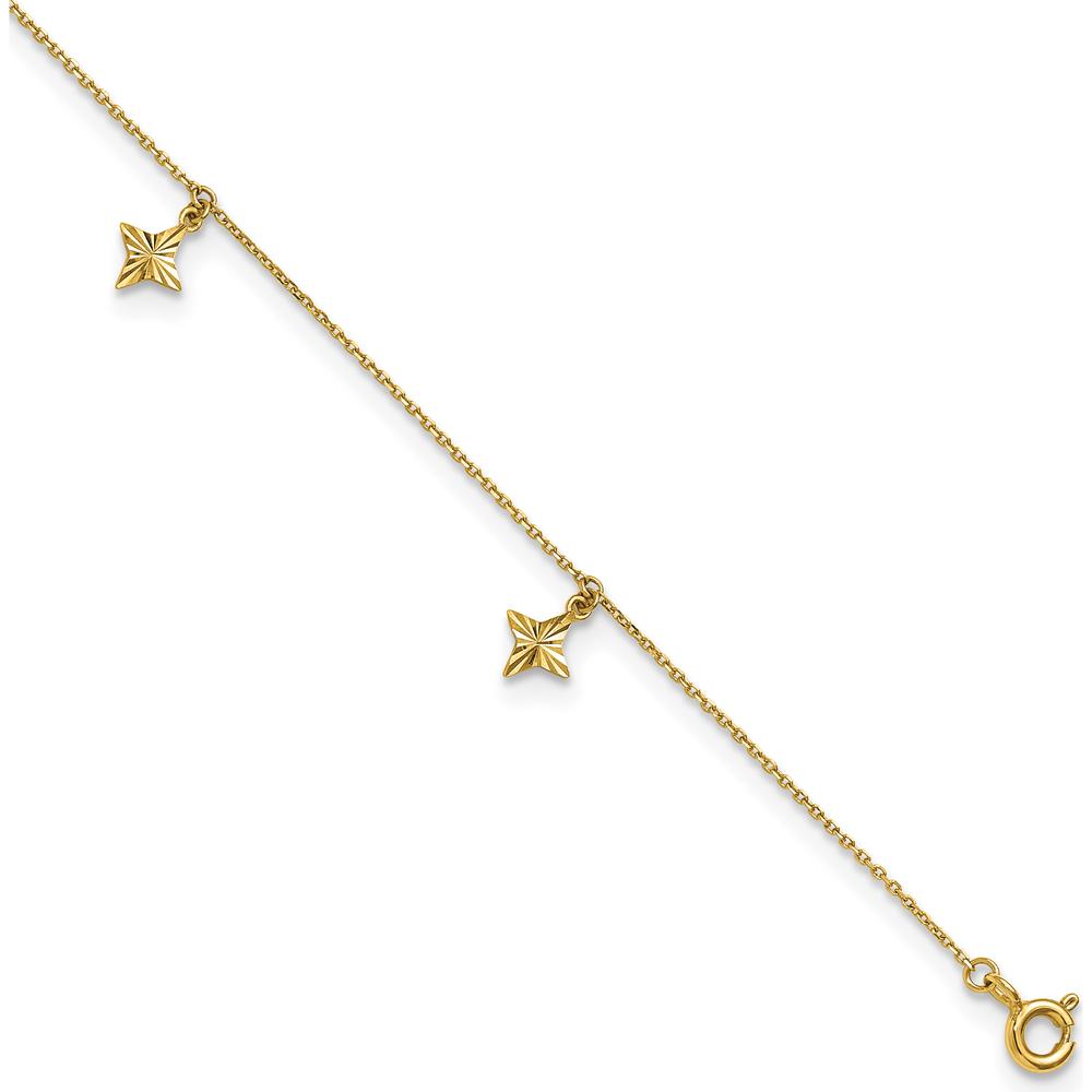 10K Yellow Gold Polished Diamond-cut Star Dangles Anklet with 5 Station Elements - 10" Length with 1" Extender