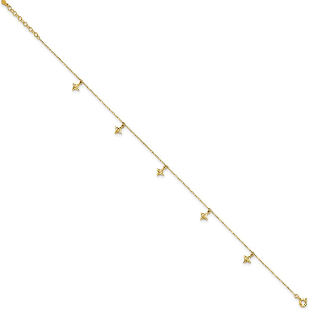 10K Yellow Gold Polished Diamond-cut Star Dangles Anklet with 5 Station Elements - 10" Length with 1" Extender