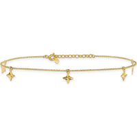 10K Yellow Gold Polished Diamond-cut Star Dangles Anklet with 5 Station Elements - 10" Length with 1" Extender