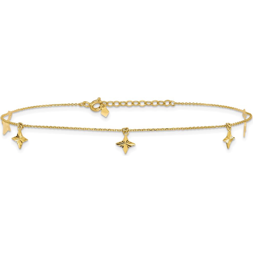 10K Yellow Gold Polished Diamond-cut Star Dangles Anklet with 5 Station Elements - 10" Length with 1" Extender