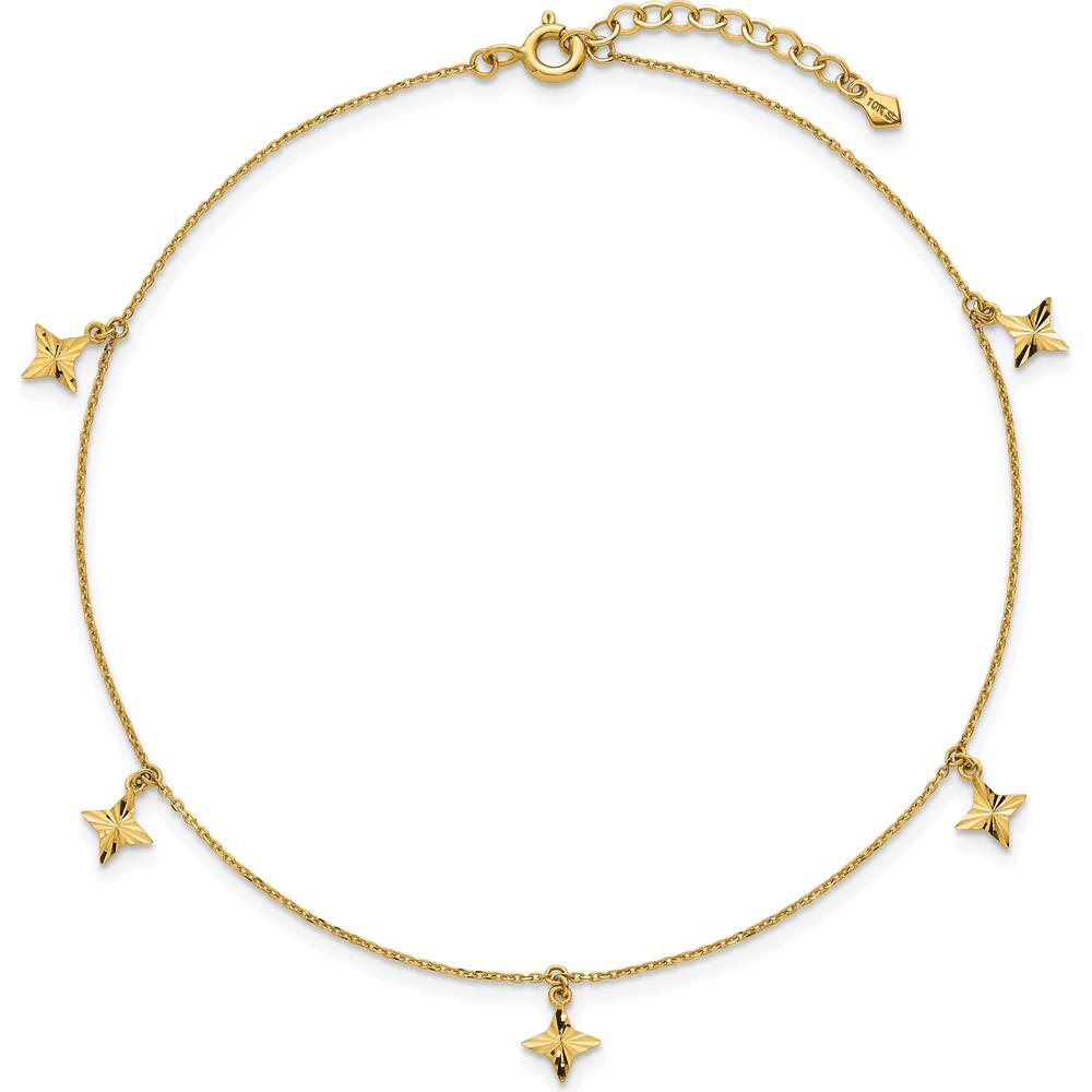 10K Yellow Gold Polished Diamond-cut Star Dangles Anklet with 5 Station Elements - 10" Length with 1" Extender