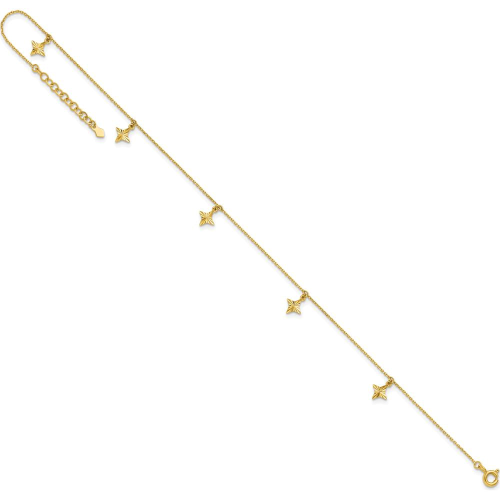 10K Yellow Gold Polished Diamond-cut Star Dangles Anklet with 5 Station Elements - 10" Length with 1" Extender