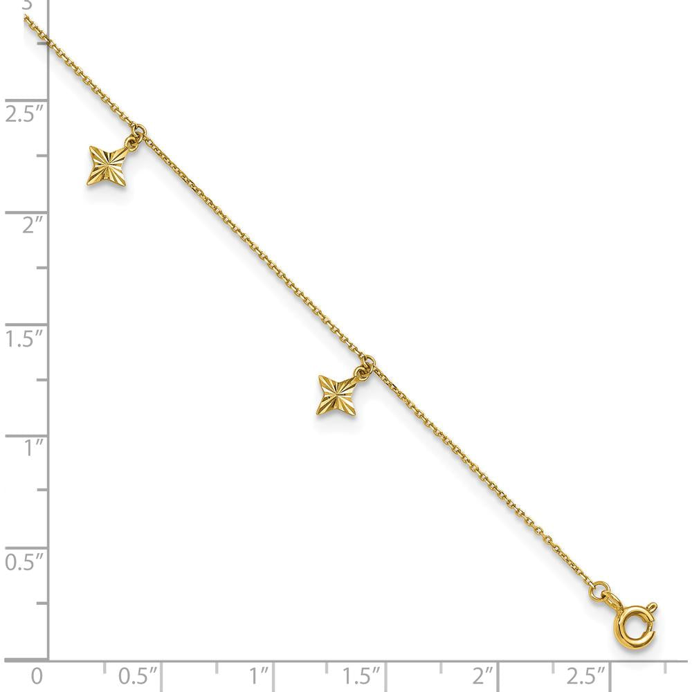 10K Yellow Gold Polished Diamond-cut Star Dangles Anklet with 5 Station Elements - 10" Length with 1" Extender