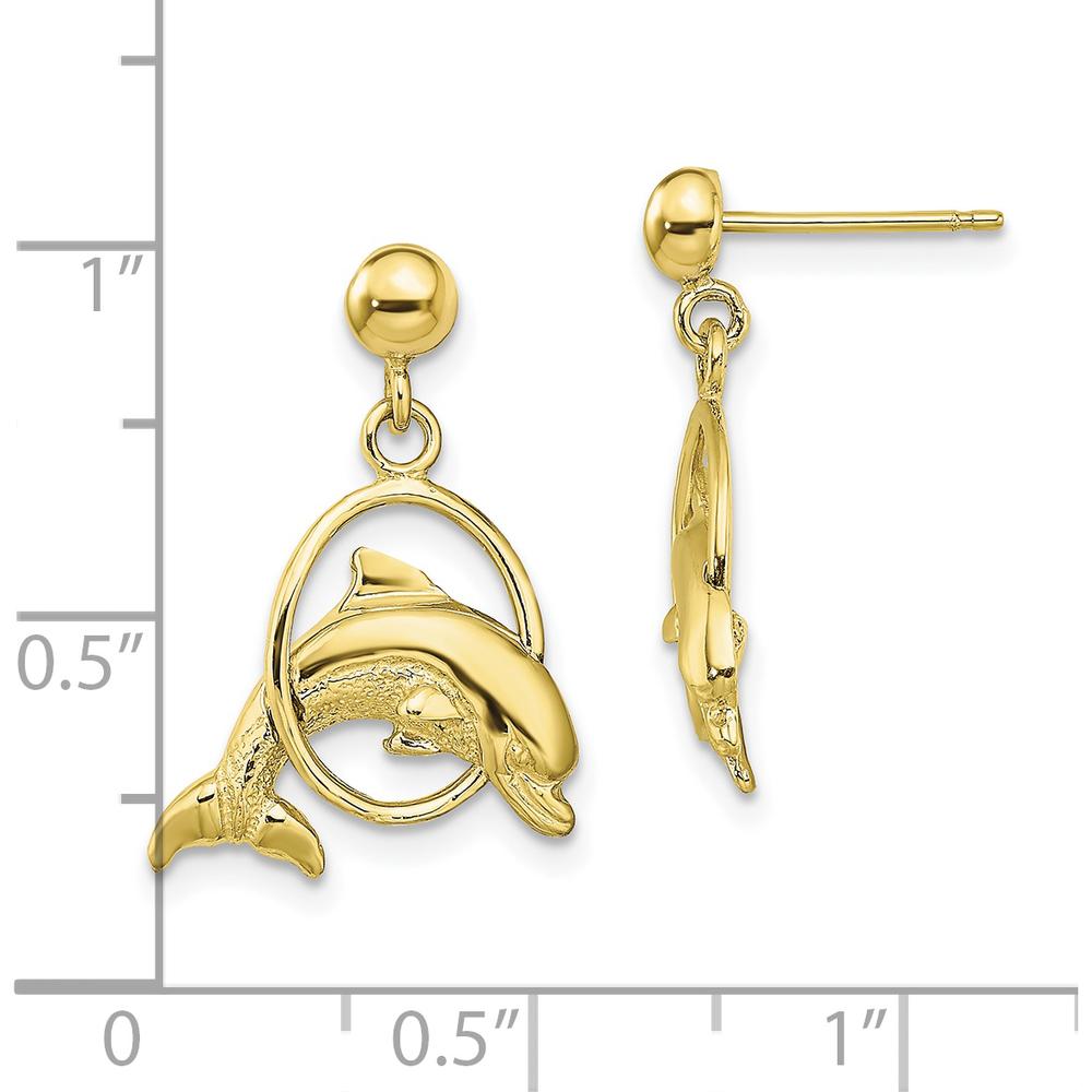 10K Yellow Gold Polished Dolphin Jumping Through Hoop Drop Earrings