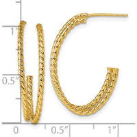 10K Yellow Gold Polished Double Strand Twisted J-Hoop Post Earrings - 27mm Length