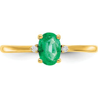 10K Yellow Gold Polished Emerald and Diamond Birthstone Ring with Oval Emerald - 0.5 Carat and Round Diamonds - 0.016 Carat Total Weight