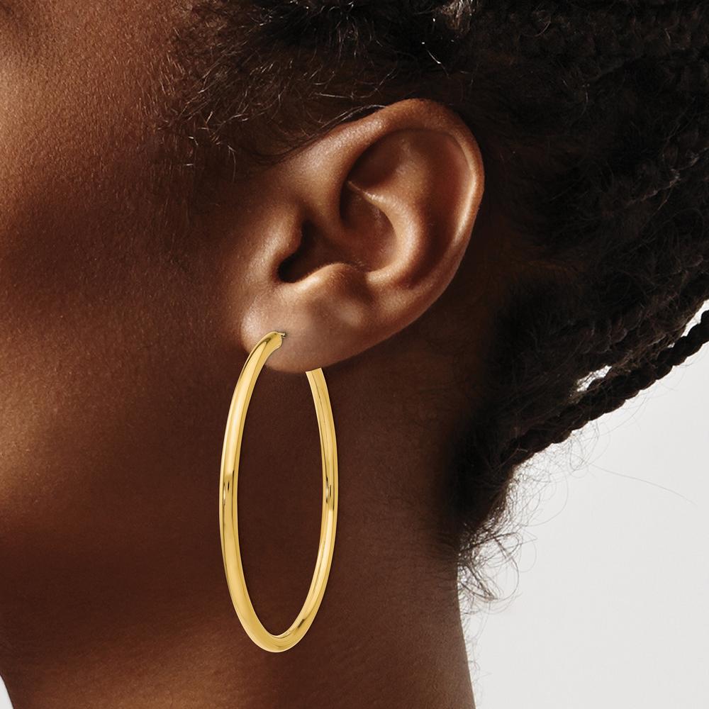 10K Yellow Gold Polished Endless Tube Hoop Earrings - 55mm Length, 3mm Thickness