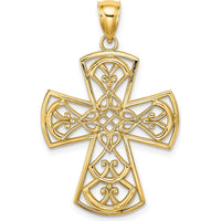 10K Yellow Gold Polished Filigree Cross Charm Pendant - 34mm Total Length