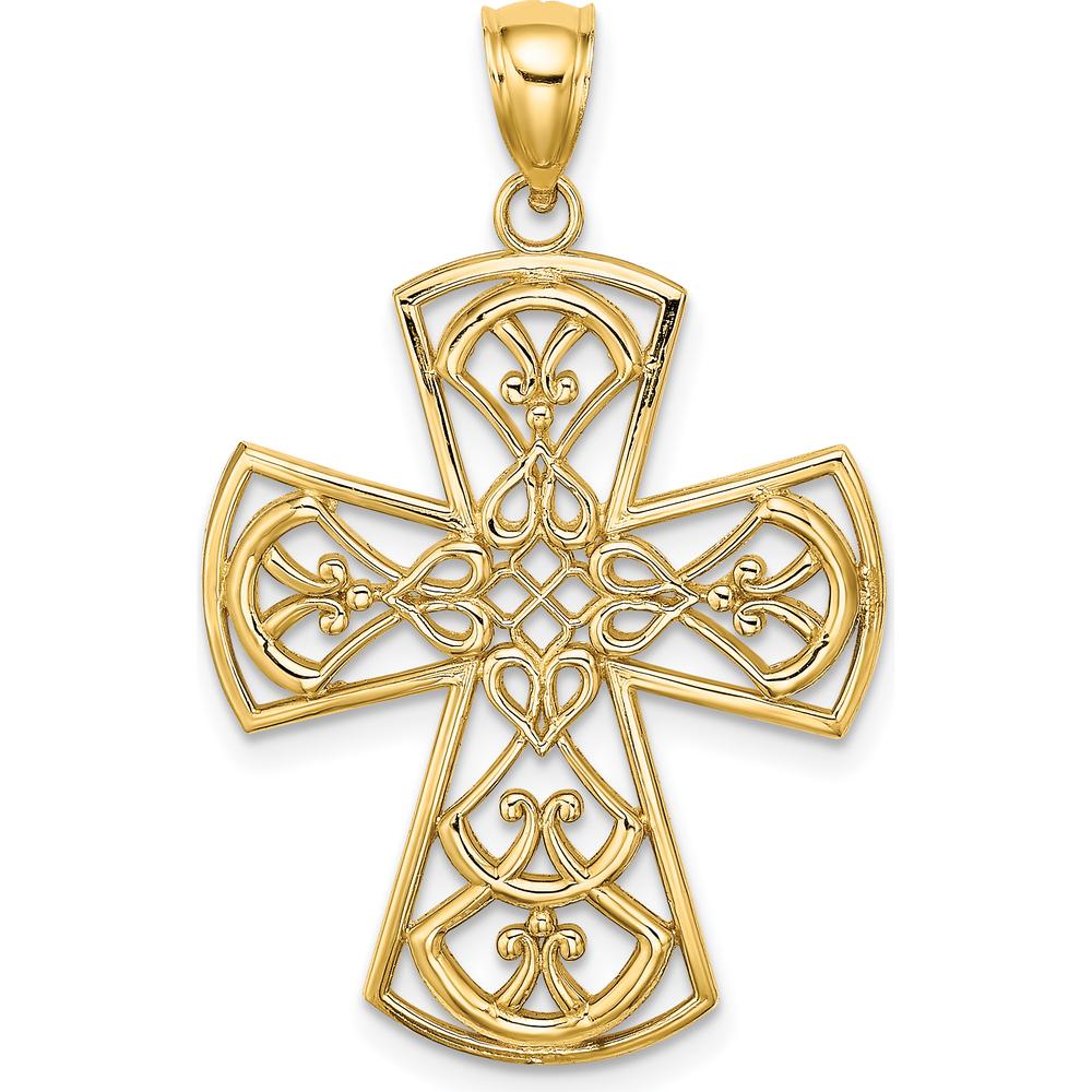 10K Yellow Gold Polished Filigree Cross Charm Pendant - 34mm Total Length