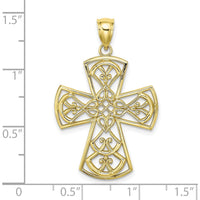 10K Yellow Gold Polished Filigree Cross Charm Pendant - 34mm Total Length