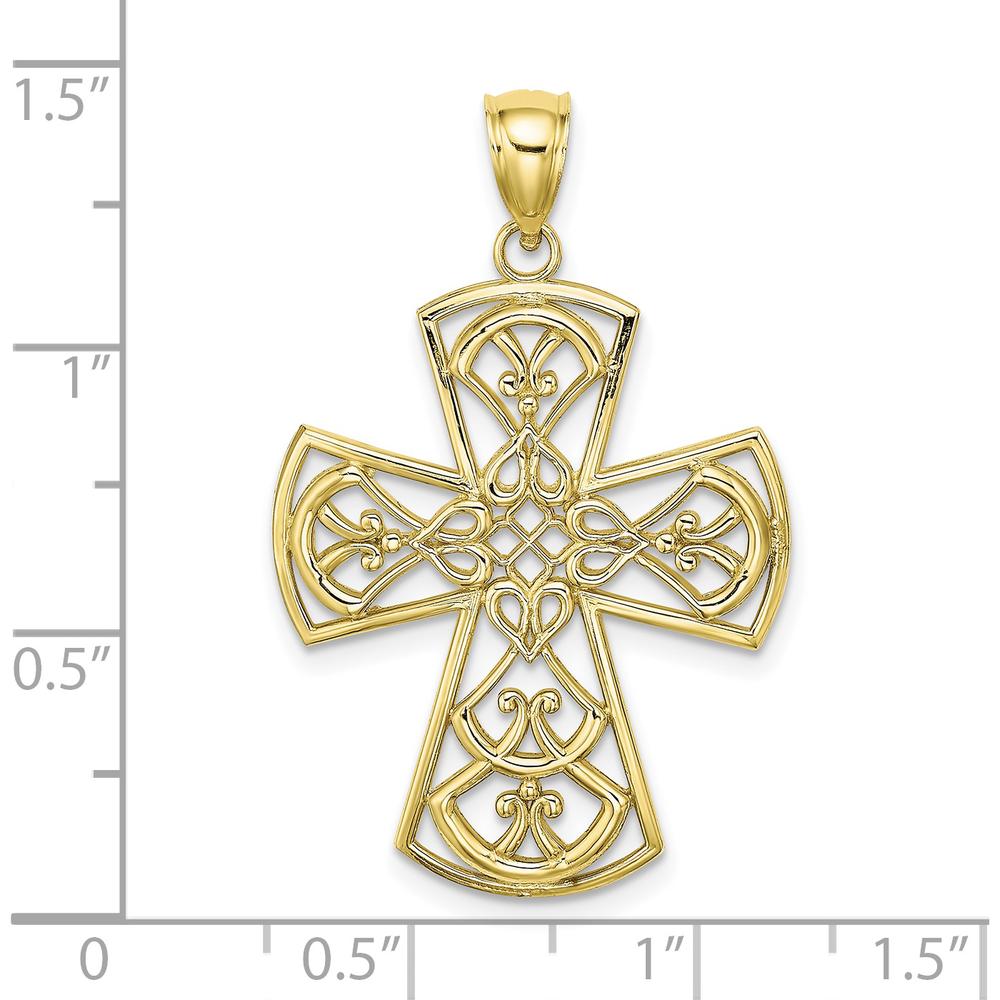10K Yellow Gold Polished Filigree Cross Charm Pendant - 34mm Total Length