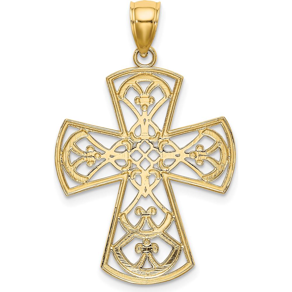 10K Yellow Gold Polished Filigree Cross Charm Pendant - 34mm Total Length