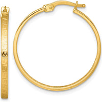 10K Yellow Gold Polished Greek Key In/Out Square Tube Hoop Earrings - 28.5mm Length